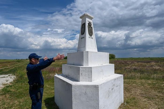 This triangular stone column marks the spot where the borders of Hungary, Romania, and Serbia meet