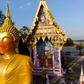 A face mask was placed on the face of a giant Buddha statue outside Bangkok