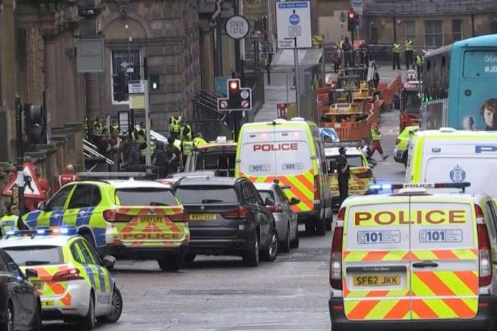 The centre of Glasgow cordoned off by authorities where a police officer is reported to have been stabbed and several other people injured