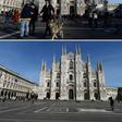 Combo of the Piazza del Duomo and the cathedral in Milan on February 3 (Top) and March 10 before and after restrictions were imposed to halt the spread of the COVID-19 disease
