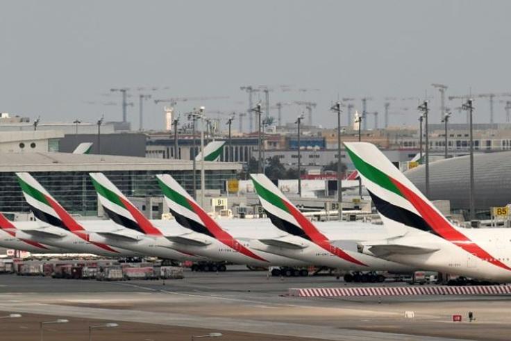 Emirates aircraft grounded at Dubai international Airport after the carrier suspended all passenger operations amid the COVID-19 coronavirus pandemic