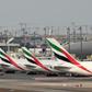 Emirates aircraft grounded at Dubai international Airport after the carrier suspended all passenger operations amid the COVID-19 coronavirus pandemic