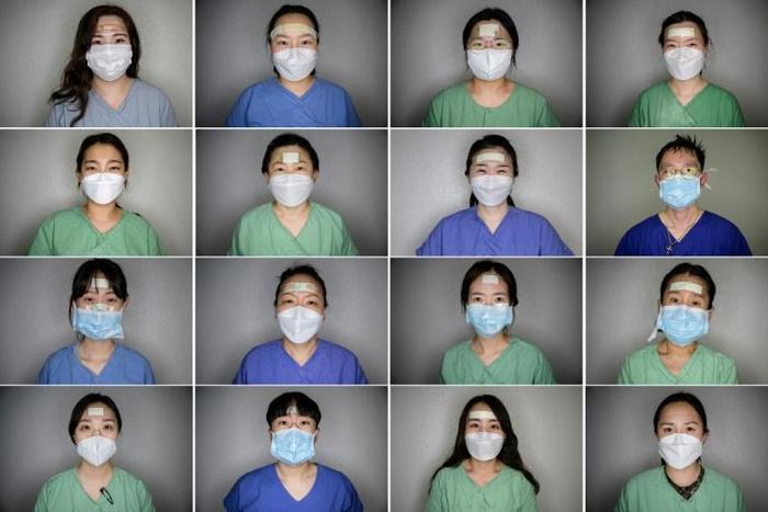 The pads, plasters and tape protect the nurses' faces from painful sores that can develop as they tend to coronavirus patients for hours on end