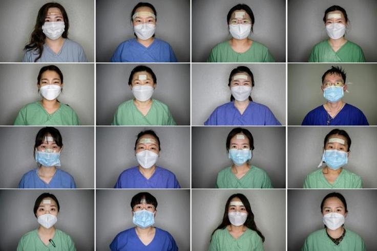 The pads, plasters and tape protect the nurses' faces from painful sores that can develop as they tend to coronavirus patients for hours on end