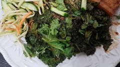 I am obsessed with getting as many greens as possible. Sauted kale and spinach is an easy way to get a ton in! I used peanut butter and Braggs Liquid Aminos to make them less boring.