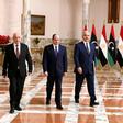 Egyptian President Abdel Fattah al-Sisi (C), Libyan strongman Khalifa Haftar (R) and the Libyan Parliament speaker Aguila Saleh at a joint press conference in Cairo Saturday