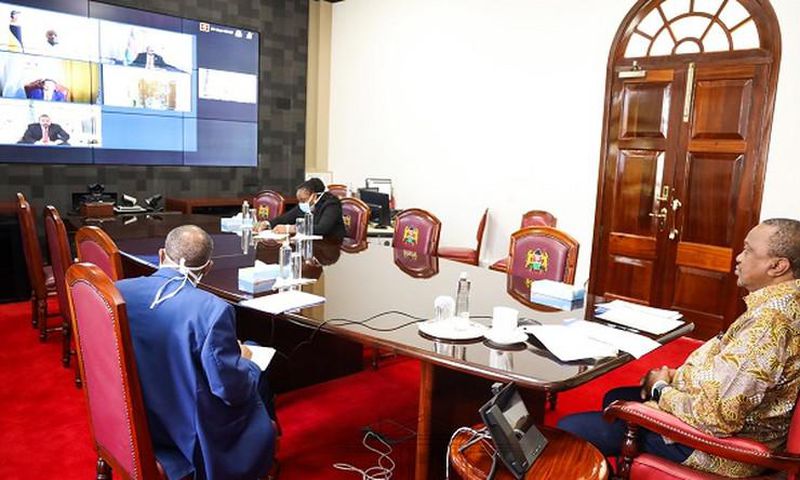 File image of President Uhuru Kenyatta holding a virtual meeting. He is expected to chair a Jubilee Party Parliamentary Group meeting on Monday, 22 June 2020
