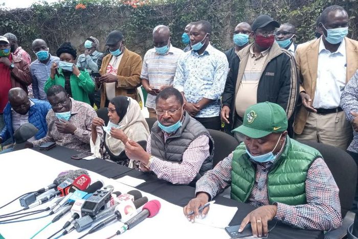 Bungoma Senator Moses Wetangula with politicians from Ford-Kenya party during a recent press briefing