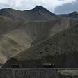 An Indian military convoy drives towards Leh in the Ladakh region