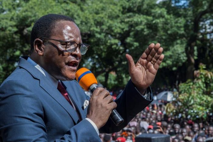 Opposition leader Lazarus Chakwera, addressing supporters in February after winning his bid to overturn the May 2019 election result