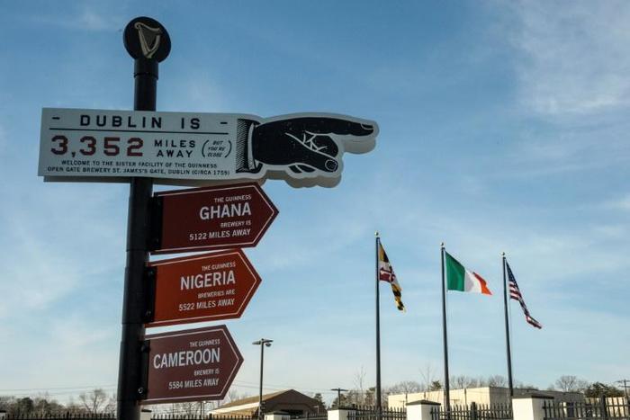 A helpful, east-pointing sign in the Guinness brewery in Baltimore reminds visitors that "Dublin is 3,352 miles away"