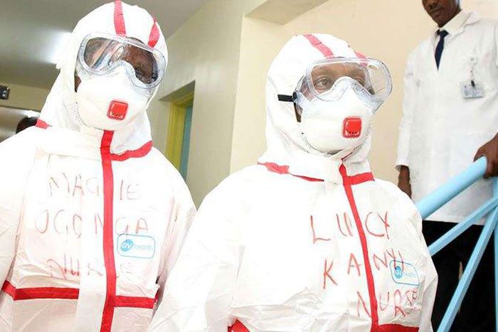 File image of medics wearing protective gear at Mbagathi Hospital in Nairobi where an isolation and treatment centre for the new coronavirus was set up on March 6