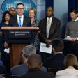 US Treasury Secretary Steve Mnuchin speaking during a White House press briefing about the coronavirus on March 14, 2020; he expects an economic slowdown but no recession