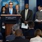 US Treasury Secretary Steve Mnuchin speaking during a White House press briefing about the coronavirus on March 14, 2020; he expects an economic slowdown but no recession