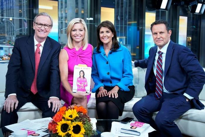 Fox host Ainsley Earhardt (in pink) pictured with her fellow presenters and former UN Ambassador Nikki Haley in 2019, was hit with a torrent of angry tweets