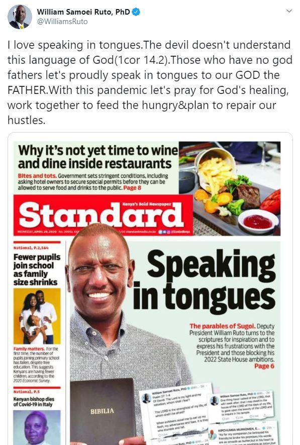 I love speaking in tongues - Deputy President William Ruto fires back after Standard's front page headline