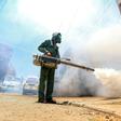 A worker fumigates a neighbourhood in Yemen's Huthi rebel-held capital Sanaa as part of safety precautions during the coronavirus pandemic on March 23