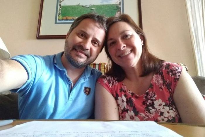 Laura Gabaroni Huergo with her husband Juan Huergo, quarantined in their cabin after they were transferred from the Zaandam cruise ship to the Rotterdam off Panama on March 29, 2020