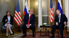 Russian President Vladimir Putin and US President Donald Trump at a July 2018 summit in Helsinki where Trump controversially acknowledged Putin's denials of election meddling