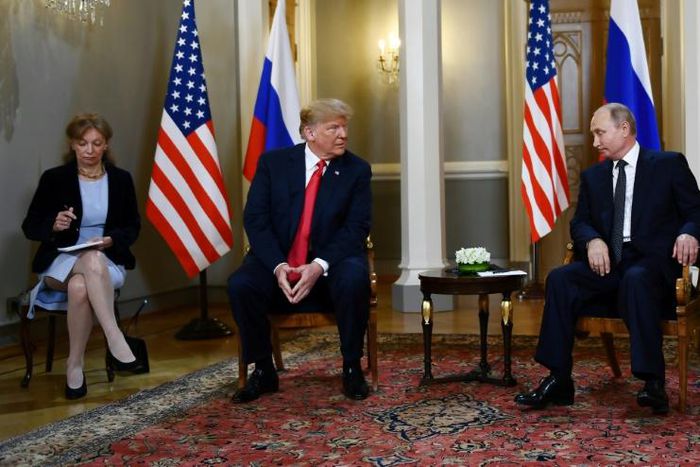 Russian President Vladimir Putin and US President Donald Trump at a July 2018 summit in Helsinki where Trump controversially acknowledged Putin's denials of election meddling
