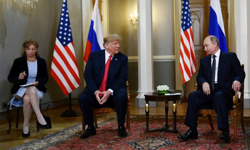 Russian President Vladimir Putin and US President Donald Trump at a July 2018 summit in Helsinki where Trump controversially acknowledged Putin's denials of election meddling