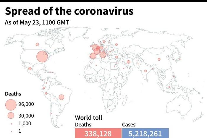 World map showing official number of coronavirus deaths per country, as of May 23 at 1100 GMT