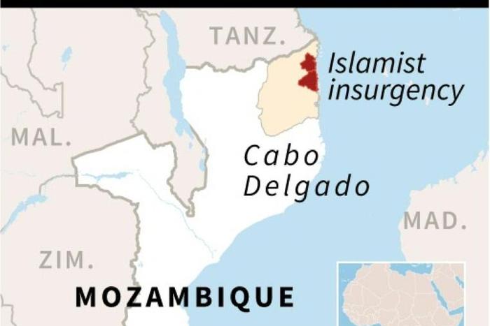 Map of Mozambique, showing districts of Cabo Delgado province affected by the Islamist insurgency