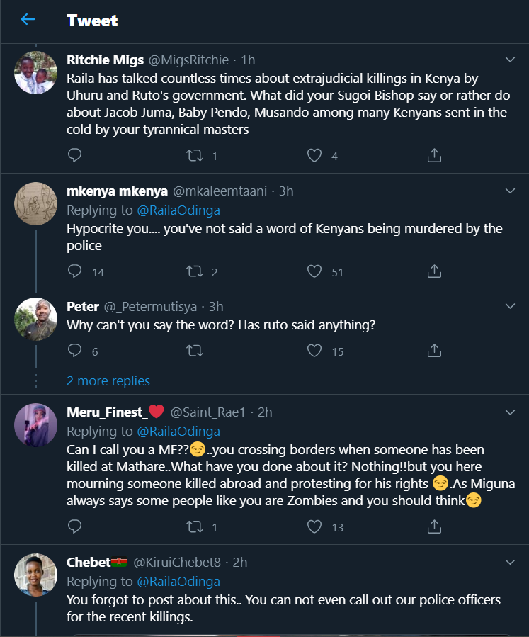 Reactions from KOT over Raila Odinga's post on George Floyd.