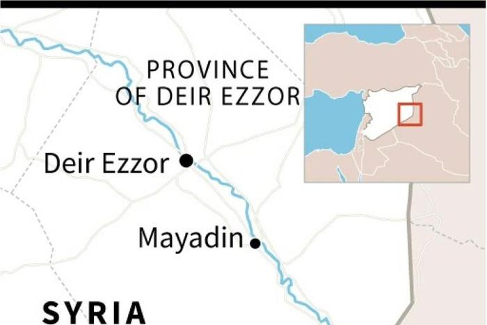 Map locating Mayadin in eastern Syria, near where overnight strikes on positions held by Iranian-backed militias and their allies killed 14 fighters