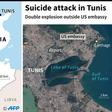 Map of central Tunis locating double explosion outside US embassy