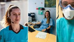 Nurse and semi-professional football referee Iragartze Fernandez officiating a match (L), at a hospital desk (C) and at a hospital in Bilbao during the COVID-19 coronavirus outbreak.