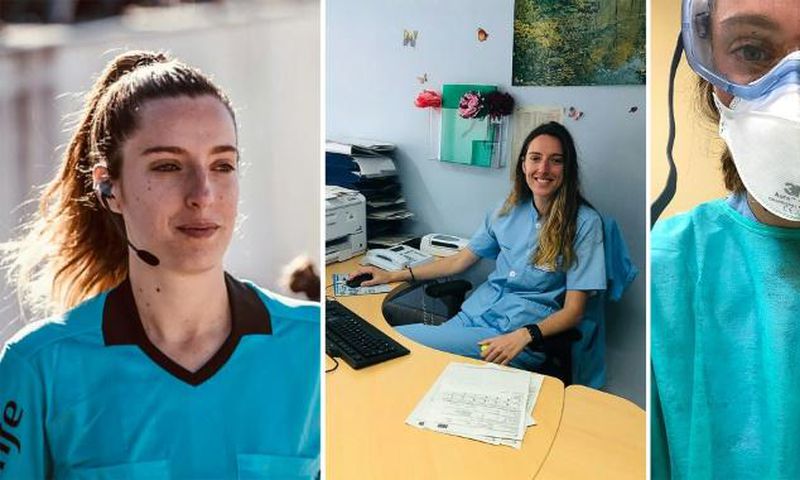 Nurse and semi-professional football referee Iragartze Fernandez officiating a match (L), at a hospital desk (C) and at a hospital in Bilbao during the COVID-19 coronavirus outbreak.