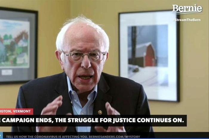 In this video still image from the Bernie Sanders Presidential Campaign, Sanders announces the suspension of his presidential campaign on April 8, 2020, from Burlington, Vermont