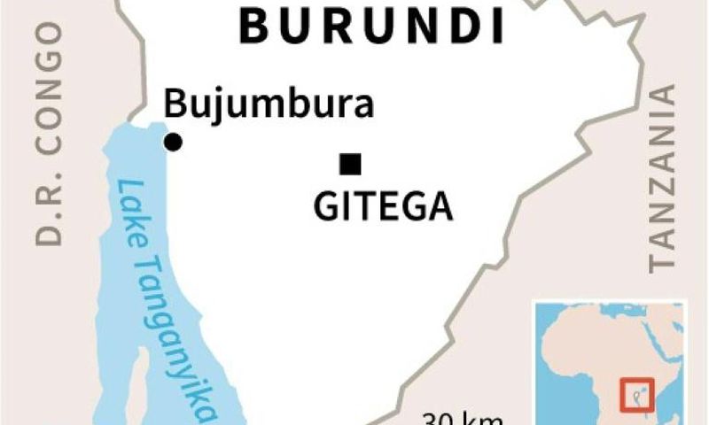 Map of Burundi, showing its capital Gitega and commercial hub Bujumbura
