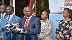 File image of Health CS Mutahi Kagwe at a past press briefing on Covid-19