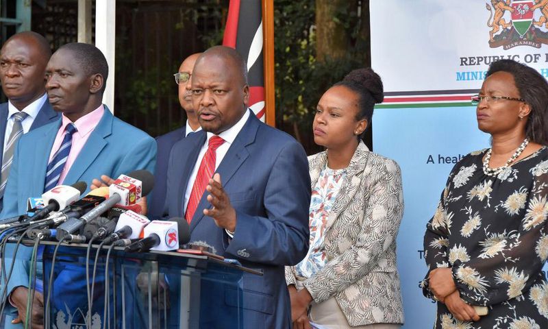 File image of Health CS Mutahi Kagwe at a past press briefing on Covid-19