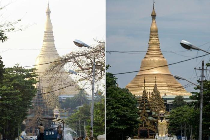 A combination photo  shows a street scene from  normal celebrations for Thingyan a few years ago compared to this year's festival