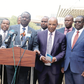 File image of ODM leader Raila Odinga with a section of Mt Kenya region governors and legislators address the press at his Capitol Hill office