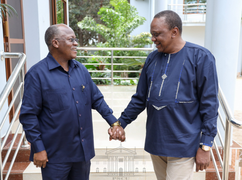 File image of Tanzania's President John Magufuli with President Uhuru Kenyatta. 2 Kenyan journalists from Elimu TV facing jail after crossing to Tanzania without work permits