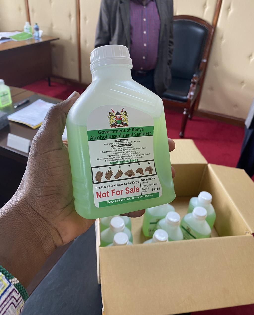 Chief of Staff Nzioka Waita unveils new government hand sanitizer to be given for free