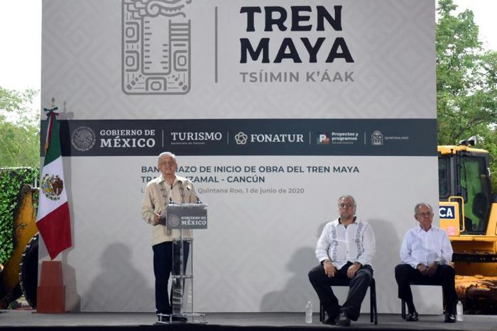 The so-called "Maya Train" is a pet project of Mexican President Andres Manuel Lopex Obrador -- he is seen here in  early June 2020 at a ceremony marking the laying of the first stone