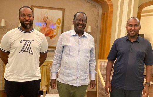 Mombasa Governor Hassan Joho (L) and Suna East MP Junet Mohamed (R) when they visited former Prime Minister Raila Odinga (C) in Dubai