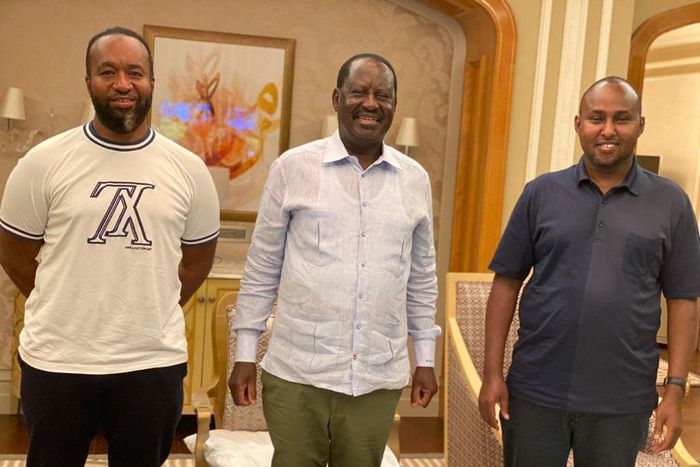 Mombasa Governor Hassan Joho (L) and Suna East MP Junet Mohamed (R) when they visited former Prime Minister Raila Odinga (C) in Dubai