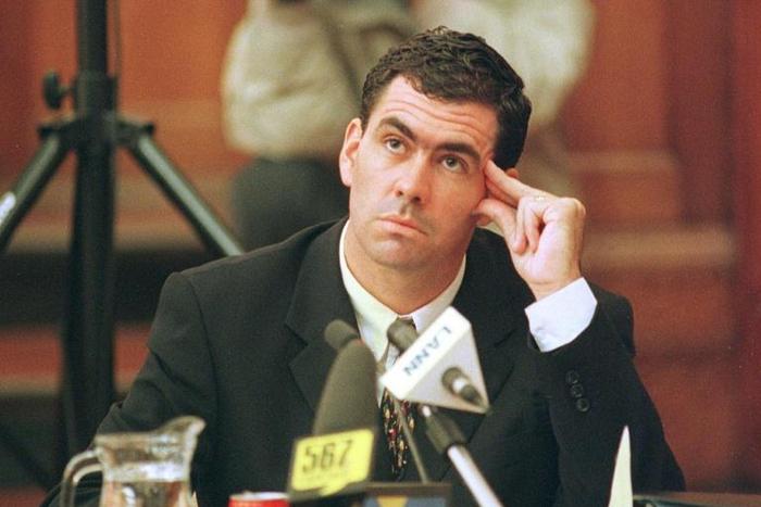In a fix: Hansie Cronje ponders a point during his cross-examination at the King Commission of Inquiry into allegations of match-fixing in 2000