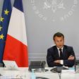 French President Emmanuel Macron taking part in a video meeting with industry representatives, commercial bosses and celebrity chefs