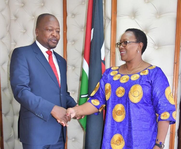 Heath CS Mutahi Kagwe with CS Sicily Kariuki. Ministry of Health puts 14 entry point counties on high-alert over deadly Coronavirus