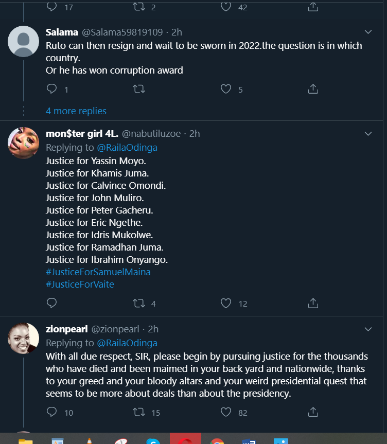 Reactions from KOT over Raila Odinga's post on George Floyd.