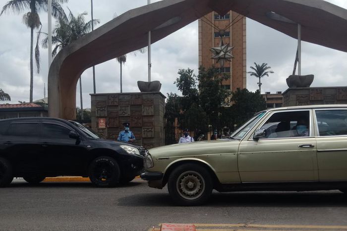Coffin dumped outside Parliment buildings in Nairobi on June 9, 2020 by anti-police brutality protesters