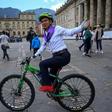 Bogota mayor Claudia Lopez on her bicycle in the city's Plaza Bolívar after taking part in an event for International Women's Day on March 8