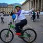Bogota mayor Claudia Lopez on her bicycle in the city's Plaza Bolívar after taking part in an event for International Women's Day on March 8